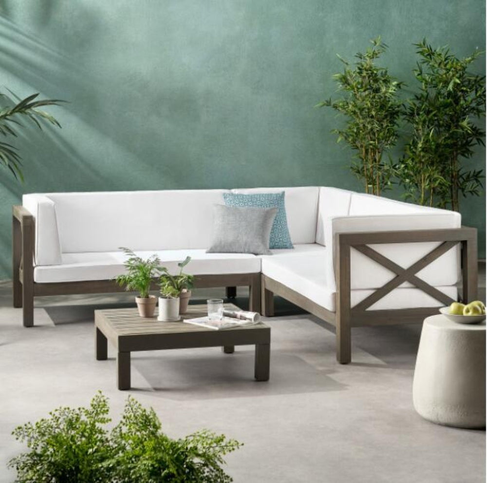 English Elm Brava Acacia Wood Outdoor Modular Sofa Set Mid-century Slatted Cross-back Patio Seating 57967-8-64489WHI-64496GRY