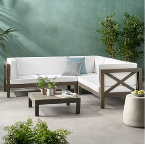 English Elm Brava Acacia Wood Outdoor Modular Sofa Set Mid-century Slatted Cross-back Patio Seating 57967-8-64489WHI-64496GRY