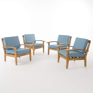 English Elm Christopher Knight Home® - Outdoor Wooden Club Chairs Set 4-Pc Teak Finish with Water-Resistant Blue Cushions, Deep-Seated Comfort, Sturdy Acacia Wood 57973.00BLU-4