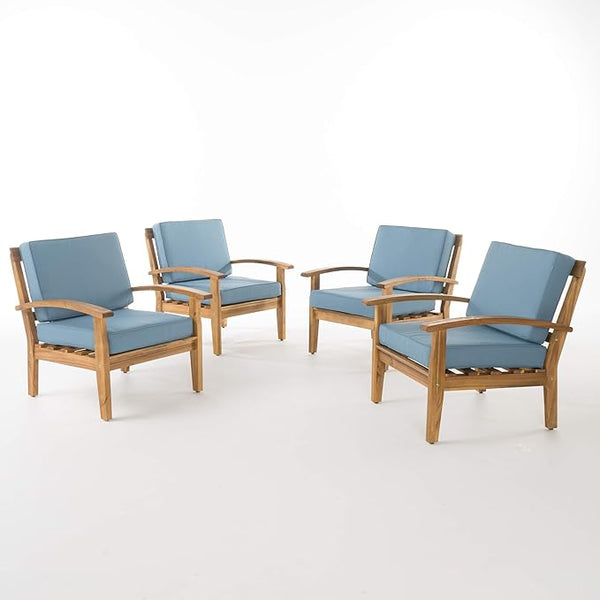 English Elm Christopher Knight Home® - Outdoor Wooden Club Chairs Set 4-Pc Teak Finish with Water-Resistant Blue Cushions, Deep-Seated Comfort, Sturdy Acacia Wood 57973.00BLU-4