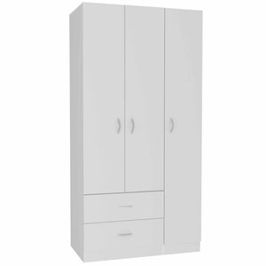 English Elm Austral 3 Door Armoire Wardrobe with Shelves, Drawers & Hanging Rod — Compact White Storage Solution B200S00110