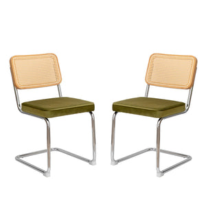 English Elm Dining Chairs Set of 4 Velvet Seat Woven Rattan Back Chrome Cantilever Frame W2105S00009
