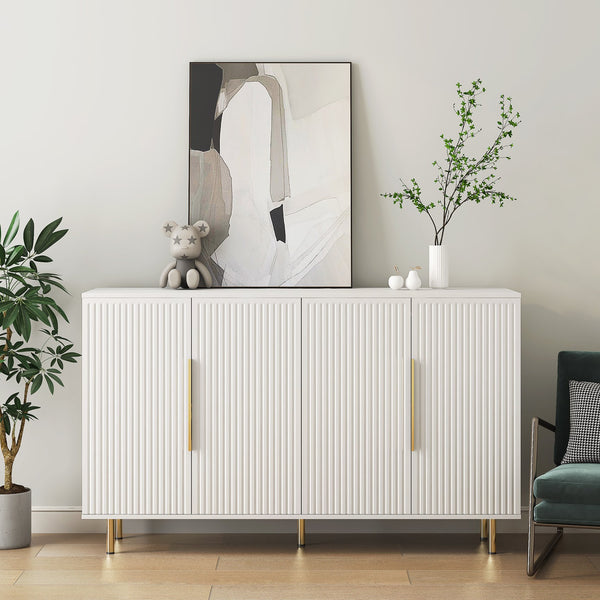 English Elm White Modern Fluted Sideboard Buffet with Adjustable Shelves, Art Deco MDF Credenza Console, Spacious Storage Elegance W1321P171784