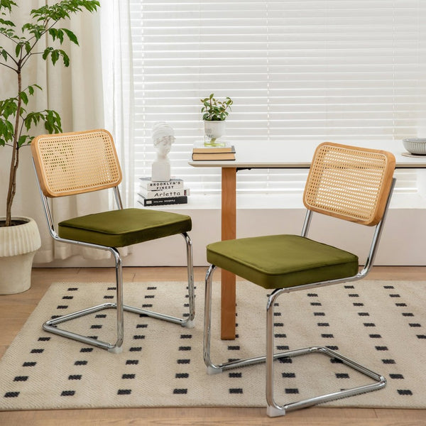 English Elm Dining Chairs Set of 4 Velvet Seat Woven Rattan Back Chrome Cantilever Frame W2105S00009