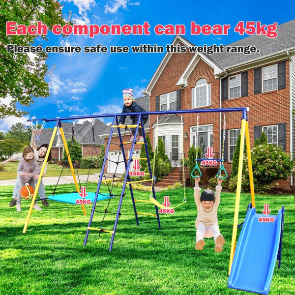 English Elm 500 Lb Outdoor Kids Swing Set with Slide Climbing Net Rings and Basketball Hoop W1408S00001