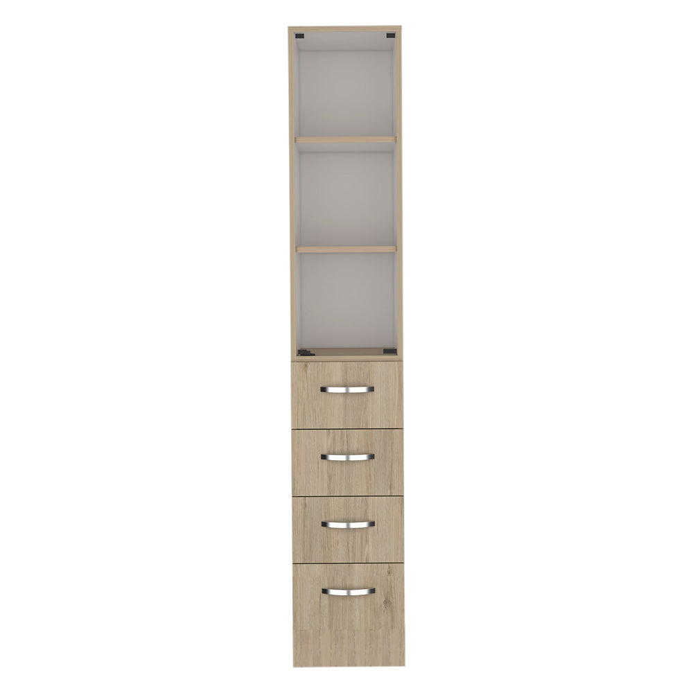English Elm Vanguard Linen Cabinet 68" Tall 3 Shelves & 4 Soft-Close Drawers Light Pine/White — Slim Storage for Bath B200S00163