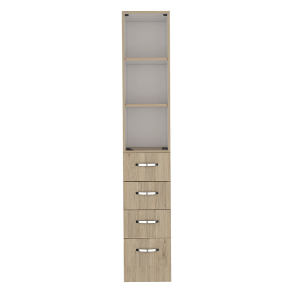 English Elm Vanguard Linen Cabinet 68" Tall 3 Shelves & 4 Soft-Close Drawers Light Pine/White — Slim Storage for Bath B200S00163