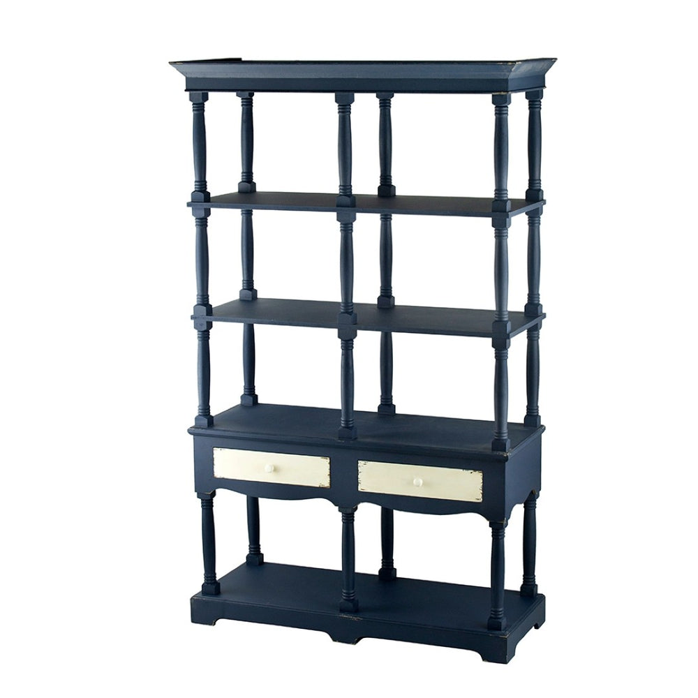 English Elm 51x19.5x81.5", Navy Farmhouse Bookcase Four Tiers Two Drawers Carved Fir Wood W2078P171845