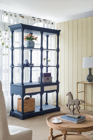English Elm 51x19.5x81.5", Navy Farmhouse Bookcase Four Tiers Two Drawers Carved Fir Wood W2078P171845