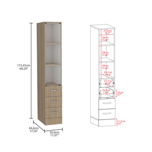 English Elm Vanguard Linen Cabinet 68" Tall 3 Shelves & 4 Soft-Close Drawers Light Pine/White — Slim Storage for Bath B200S00163