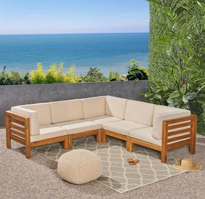 English Elm Oana Outdoor Modular Sectional Set Acacia Wood Frame V Shape Patio Seating Beige 64497-98-99.00BGE-64495.00BGE