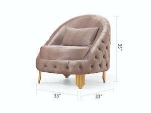 English Elm Vanessa Velvet Button Tufted Accent Chair in Taupe with Gold Legs, Flared Arms & Coil Spring Comfort G150109205