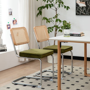 English Elm Dining Chairs Set of 4 Velvet Seat Woven Rattan Back Chrome Cantilever Frame W2105S00009