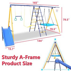 English Elm 500 Lb Outdoor Kids Swing Set with Slide Climbing Net Rings and Basketball Hoop W1408S00001
