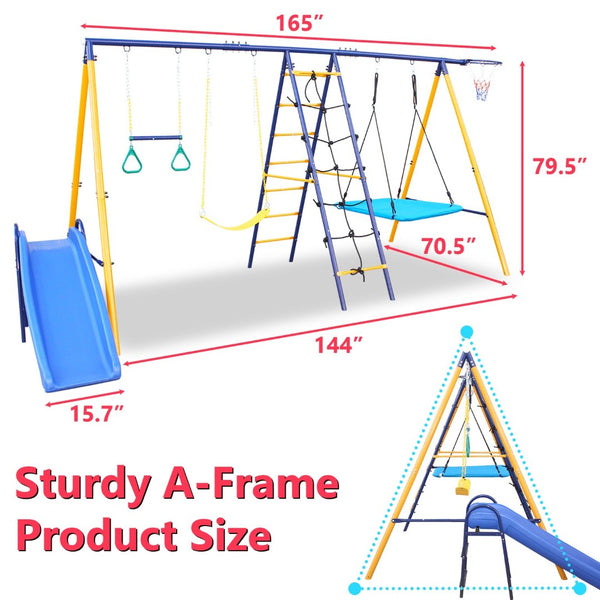 English Elm 500 Lb Outdoor Kids Swing Set with Slide Climbing Net Rings and Basketball Hoop W1408S00001