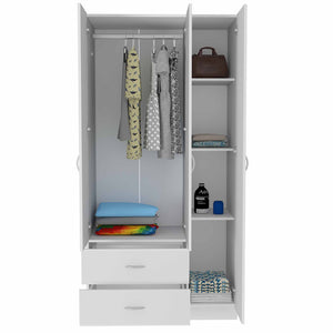 English Elm Austral 3 Door Armoire Wardrobe with Shelves, Drawers & Hanging Rod — Compact White Storage Solution B200S00110