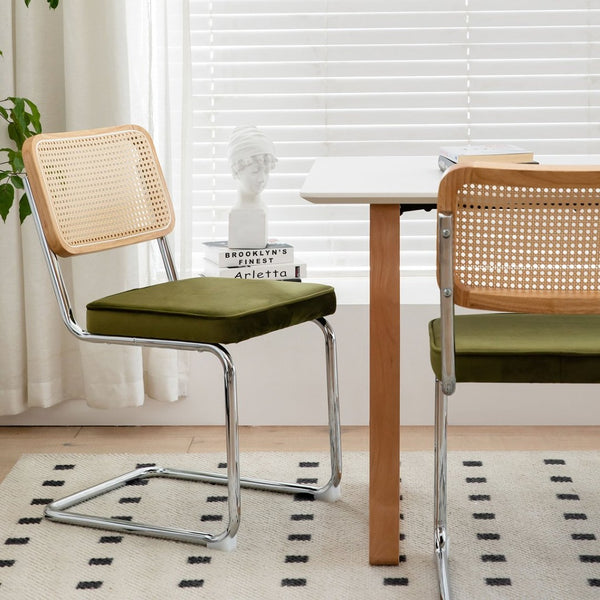 English Elm Dining Chair Set Velvet Seat Woven Rattan Back Chrome Cantilever Mid-century Modern W2105P171808