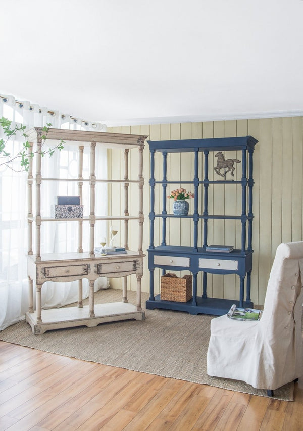 English Elm 51x19.5x81.5", Navy Farmhouse Bookcase Four Tiers Two Drawers Carved Fir Wood W2078P171845