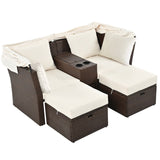 English Elm 2-Seater Outdoor Patio Daybed Outdoor Double Daybed Outdoor Loveseat Sofa Set With Foldable Awning and Cushions For Garden, Balcony, Poolside, Beige