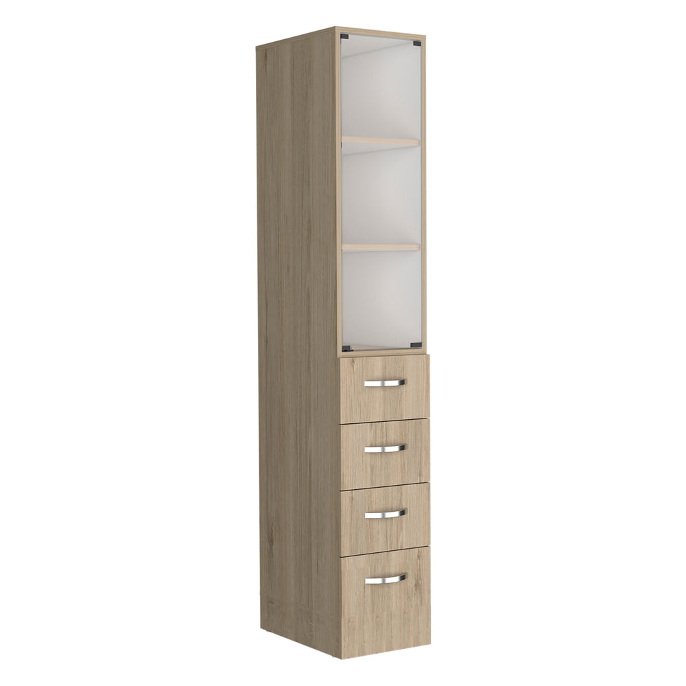 English Elm Vanguard Linen Cabinet 68" Tall 3 Shelves & 4 Soft-Close Drawers Light Pine/White — Slim Storage for Bath B200S00163
