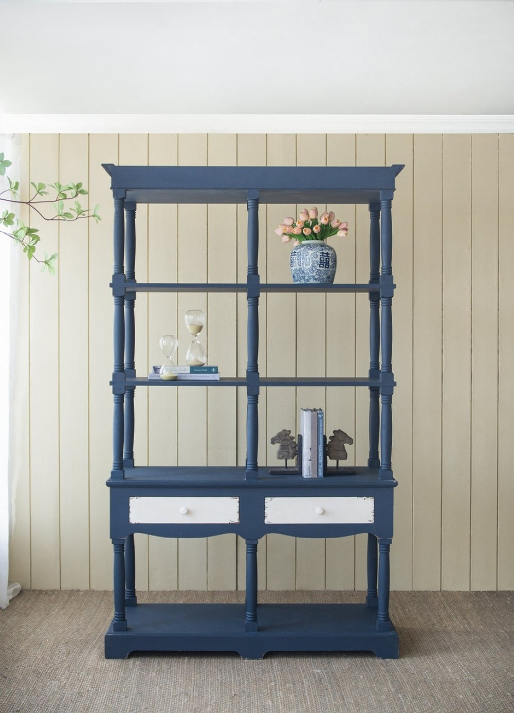 English Elm 51x19.5x81.5", Navy Farmhouse Bookcase Four Tiers Two Drawers Carved Fir Wood W2078P171845