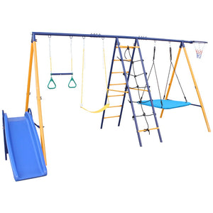 English Elm 500 Lb Outdoor Kids Swing Set with Slide Climbing Net Rings and Basketball Hoop W1408S00001