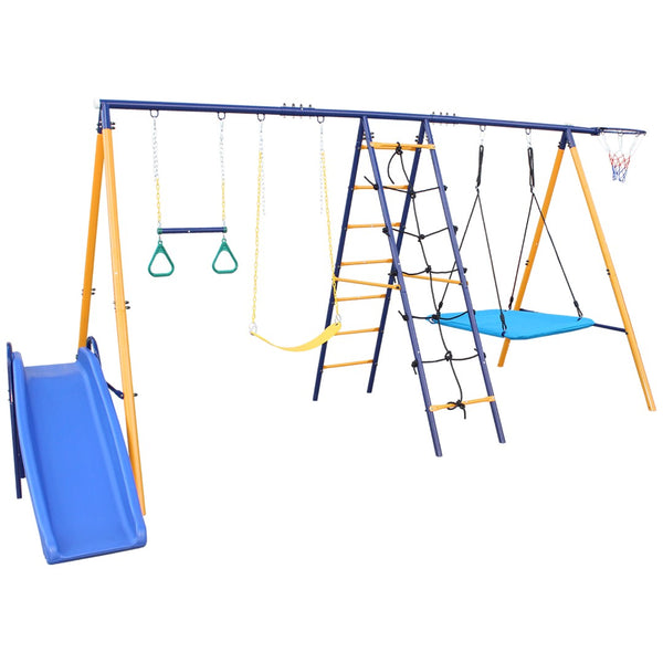 English Elm 500 Lb Outdoor Kids Swing Set with Slide Climbing Net Rings and Basketball Hoop W1408S00001