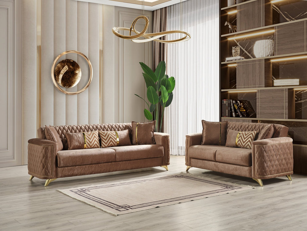 English Elm Luna Velvet 2Pc Modern Living Room Set with Gold Legs, Hidden Storage & Sofa Bed Mechanism - Copper B009S02051