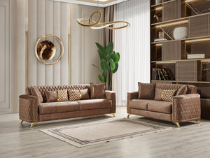 English Elm Luna Velvet 2Pc Living Room Set in Copper – Modern Sofa & Loveseat w/ Gold Legs, Storage & Sleeper B009S01543