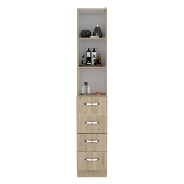 English Elm Vanguard Linen Cabinet 68" Tall 3 Shelves & 4 Soft-Close Drawers Light Pine/White — Slim Storage for Bath B200S00163