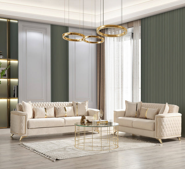 English Elm Luna 2Pc Modern Ivory Living Room Set with Velvet Sofa & Loveseat, Gold Legs, Hidden Storage, Bed Mechanism B009S02050