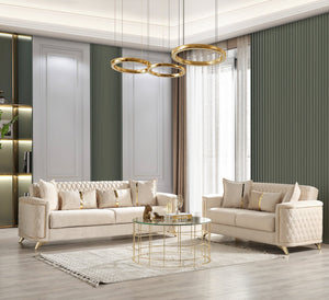 English Elm Luna 2Pc Modern Living Room Set Ivory - Velvet Sofa & Loveseat w/ Gold Legs, Storage & Pull-Out Bed B009S01542