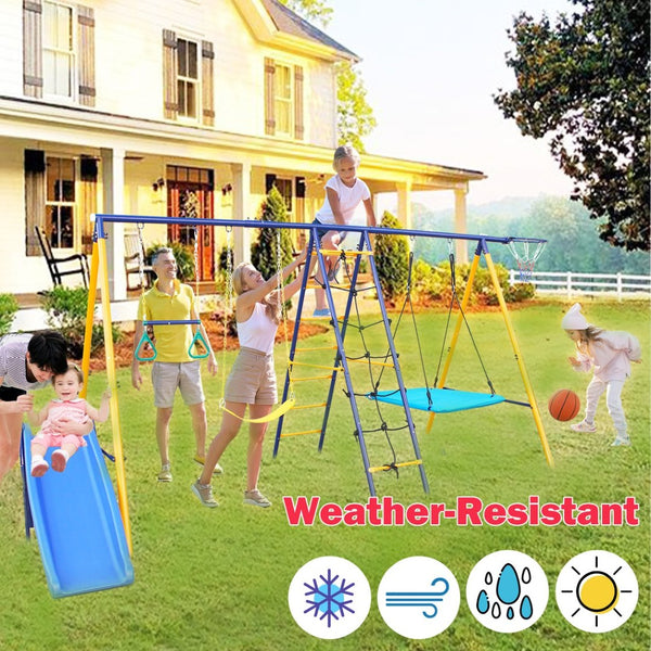 English Elm 500 Lb Outdoor Kids Swing Set with Slide Climbing Net Rings and Basketball Hoop W1408S00001
