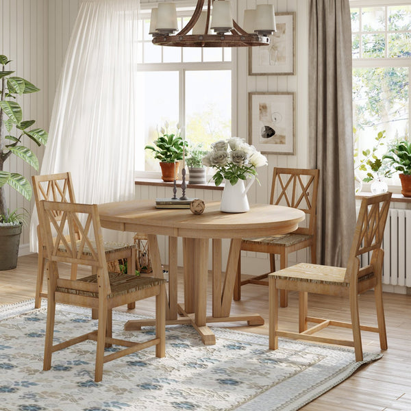 English Elm TOPMAX Rustic 5-Piece Extendable Round Dining Set with Trestle Base and Cross Back Chairs, Versatile Elegance Natural SP000042AAA