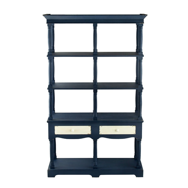 English Elm 51x19.5x81.5", Navy Farmhouse Bookcase Four Tiers Two Drawers Carved Fir Wood W2078P171845