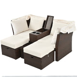 English Elm 2-Seater Outdoor Patio Daybed Outdoor Double Daybed Outdoor Loveseat Sofa Set With Foldable Awning and Cushions For Garden, Balcony, Poolside, Beige