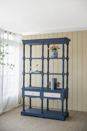 English Elm 51x19.5x81.5", Navy Farmhouse Bookcase Four Tiers Two Drawers Carved Fir Wood W2078P171845
