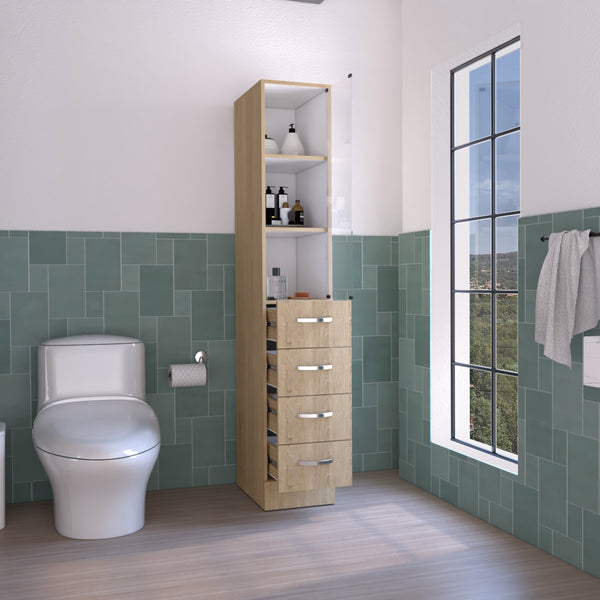 English Elm Vanguard Linen Cabinet 68" Tall 3 Shelves & 4 Soft-Close Drawers Light Pine/White — Slim Storage for Bath B200S00163