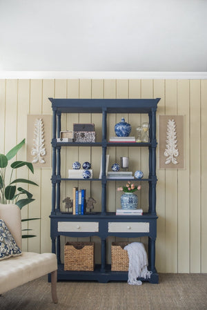 English Elm 51x19.5x81.5", Navy Farmhouse Bookcase Four Tiers Two Drawers Carved Fir Wood W2078P171845