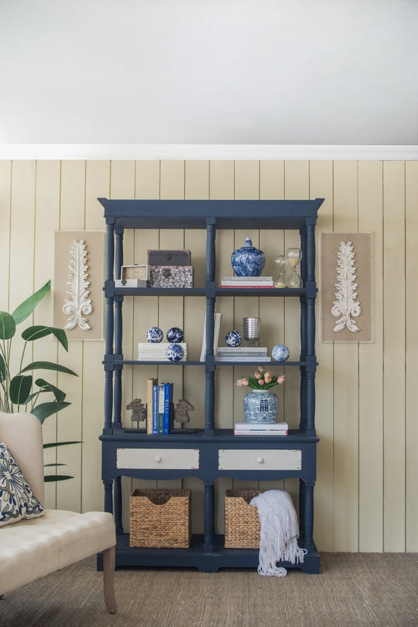 English Elm 51x19.5x81.5", Navy Farmhouse Bookcase Four Tiers Two Drawers Carved Fir Wood W2078P171845