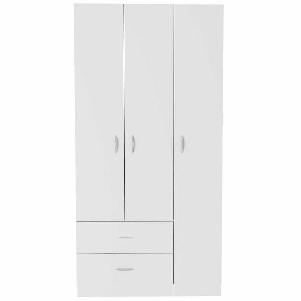 English Elm Austral 3 Door Armoire Wardrobe with Shelves, Drawers & Hanging Rod — Compact White Storage Solution B200S00110