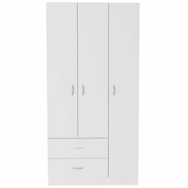 English Elm Austral 3 Door Armoire Wardrobe with Shelves, Drawers & Hanging Rod — Compact White Storage Solution B200S00110