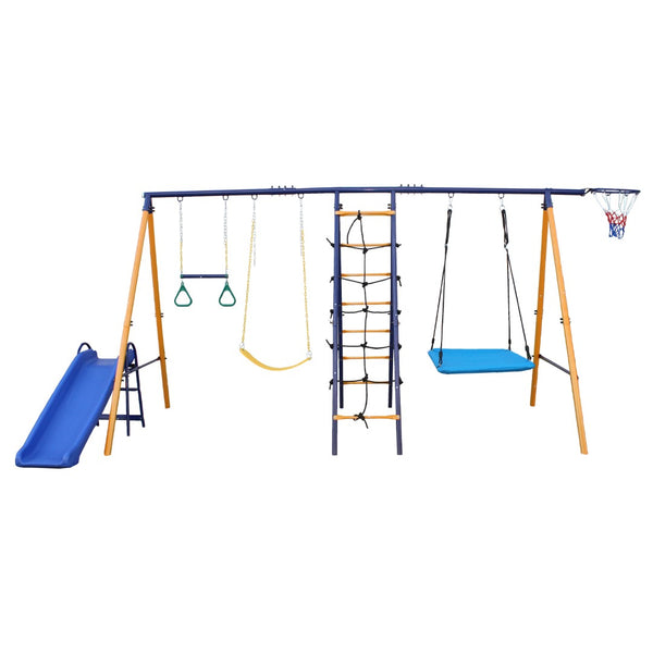 English Elm 500 Lb Outdoor Kids Swing Set with Slide Climbing Net Rings and Basketball Hoop W1408S00001
