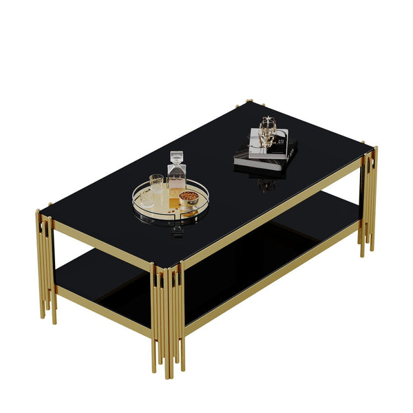 English Elm Top Tier Dual Shelf Tempered Glass Coffee Table with Mirror Polished Steel Frame Black+Gold W1311S00233