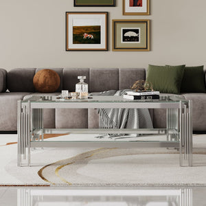 English Elm Top Tier Dual Shelf Tempered Glass Coffee Table with Mirror Polished Steel Frame W1311S00236