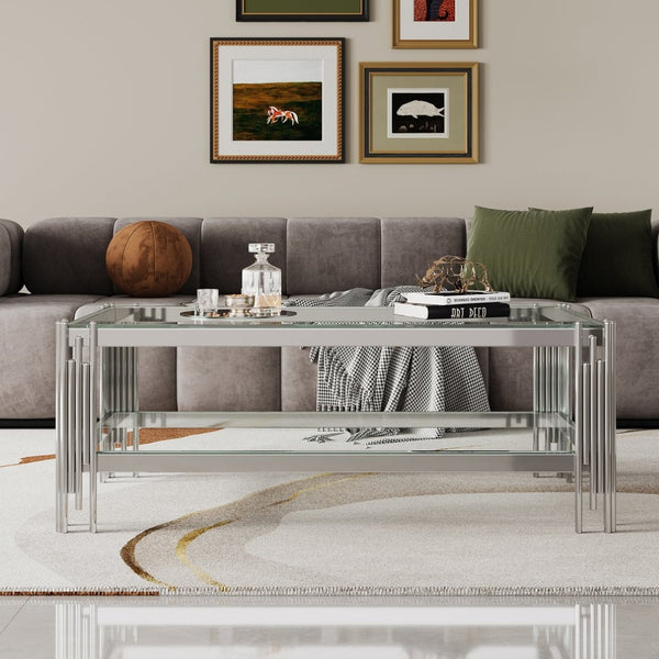 English Elm Top Tier Dual Shelf Tempered Glass Coffee Table with Mirror Polished Steel Frame W1311S00236