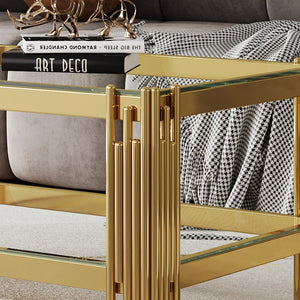 English Elm Top Tier Dual Shelf Tempered Glass Coffee Table with Mirror Polished Steel Frame Gold W1311S00234