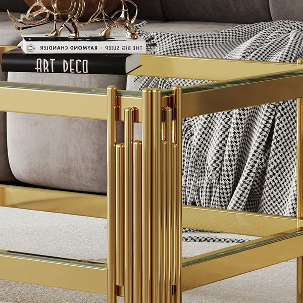 English Elm Top Tier Dual Shelf Tempered Glass Coffee Table with Mirror Polished Steel Frame Gold W1311S00234