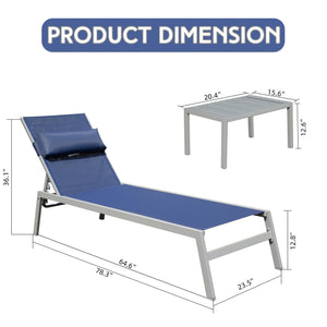 English Elm Patio Aluminum Chaise Lounge Set of 3 with Side Table — All-Weather Textilene Recliners, 5-Position Adjustable, Rust-Resistant Frame Navy Blue W1859P172252