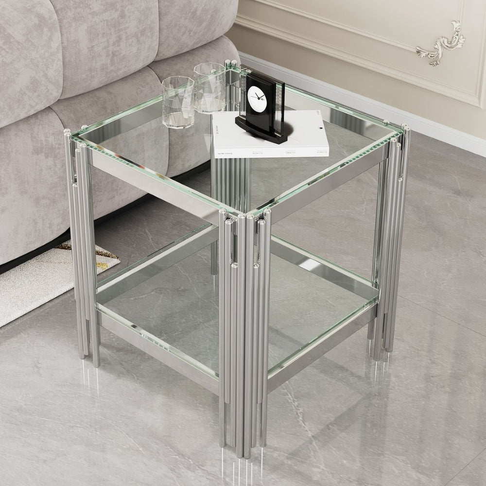 English Elm Modern Two Tier Tempered Glass End Table with Mirrored Stainless Steel Open Frame W1311P154231